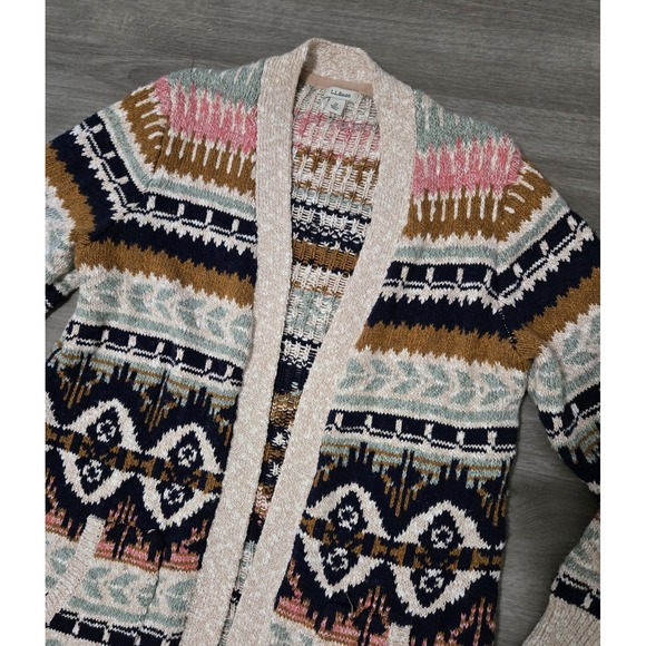 LL Bean Womens Fair Isle Cotton Ragg Open Front Cardigan Size M Chunky Winter - Picture 4 of 11